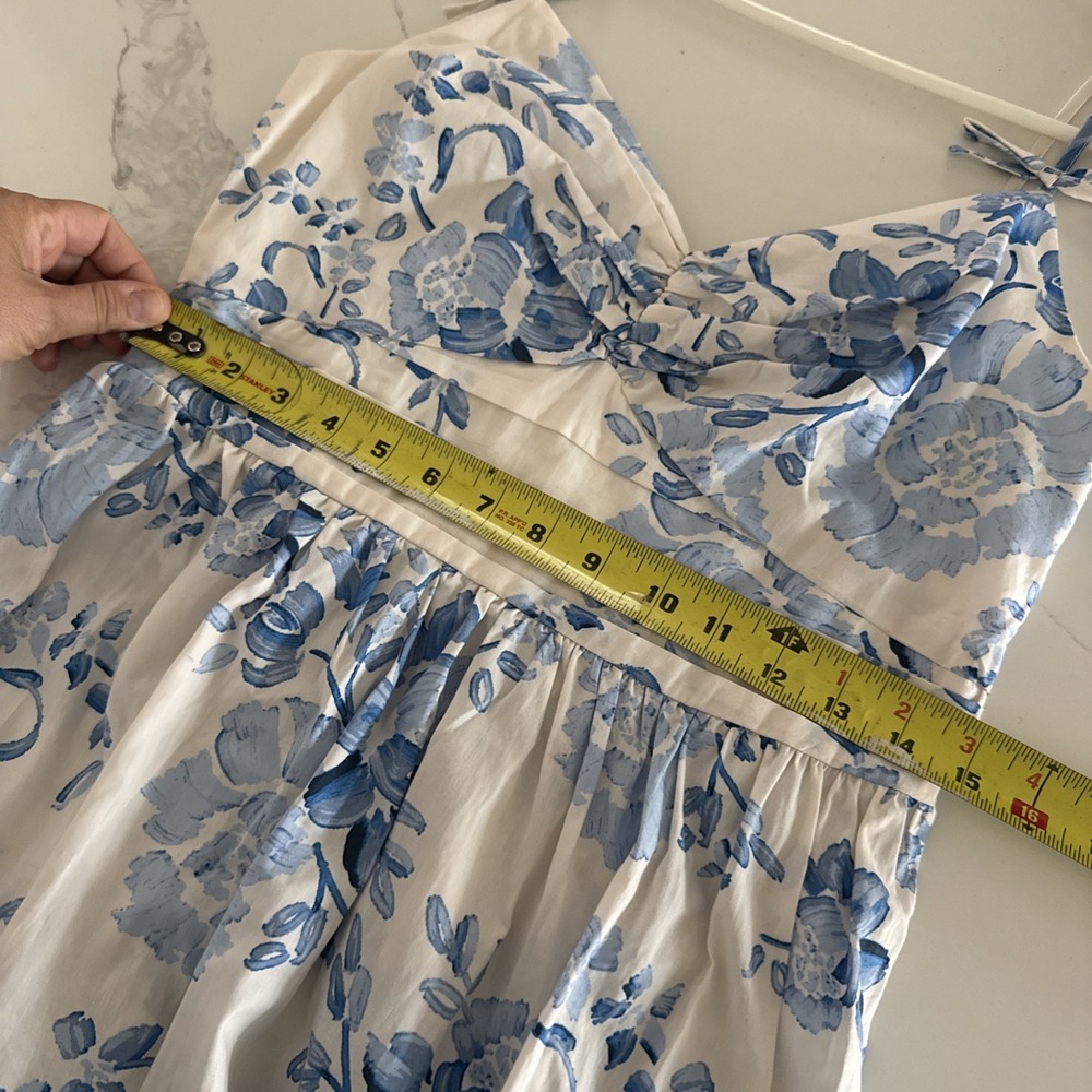 CeCe Women's White Blue Floral Maxi Dress Ruched V Neck Bodice Box Straps Size S - Picture 11 of 12